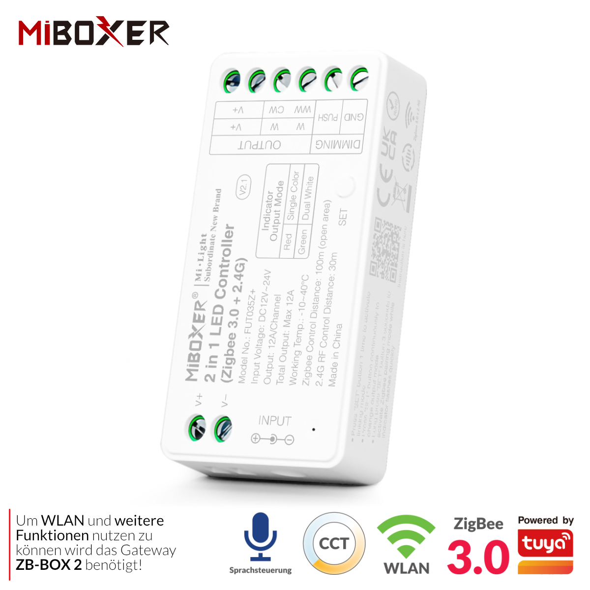 2-in-1 LED-Controller | Einfarbig | CCT | Zigbee 3.0 + 2,4GHz | Miboxer | Tuya | FUT035Z+
